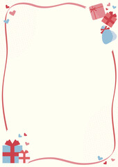ブルーとピンクのプレゼントとリボンで囲ったフレーム素材　縦