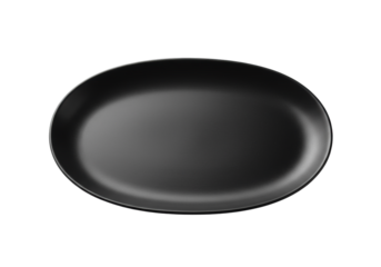 Empty matte black oval ceramic plate with refined edges, modern design, top-down view on a seamless transparent background with expansive copy space, concept of minimalist product display