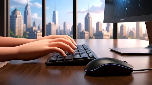 Captivating animation of hands actively typing on a keyboard in a bright office, showcasing ideal ergonomic workspace design for contemporary professional life.