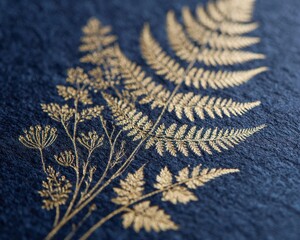 The plants and leaves, embossed in gold foil, are delicately pressed onto a textured dark blue paper background, creating a harmonious blend of retro elegance and modern luxury design.