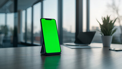 Smartphone with green screen on modern office desk with laptop
