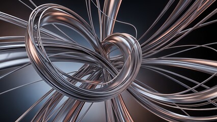 Abstract metallic flowing structure with intertwined curves and reflective surfaces in a dark environment