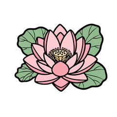 Vibrant pink lotus flower with green leaves on black background