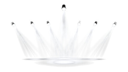 abstract white spotlight beams forming crown shape on white background, minimal light rays and illumination concept, clean conceptual illustration