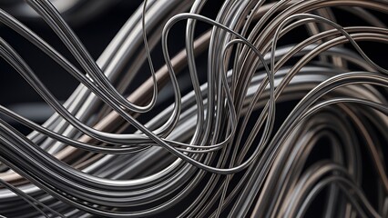 Tangled metallic wires in a complex abstract pattern viewed closely