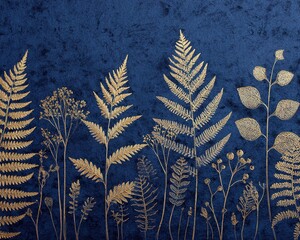 The plants and leaves, embossed in gold foil, are delicately pressed onto a textured dark blue paper background, creating a harmonious blend of retro elegance and modern luxury design.