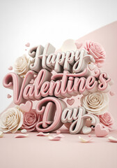 Close-up of elegant 3D typography text reading &ldquo;Happy Valentine&rsquo;s Day&rdquo;, crafted in soft pastel pink and ivory colors