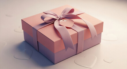 Close-up of a beautifully wrapped Valentine&rsquo;s gift box in pastel pink and lavender colors, tied with a satin ribbon