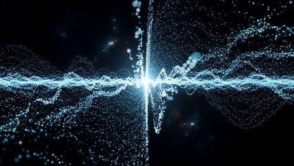 Digital technology showcase featuring futuristic light trails and particles in a dark environment viewed from a front perspective