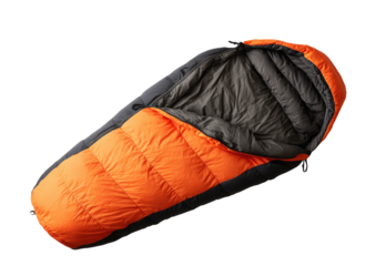 Open, orange and gray sleeping bag isolated on black, ready for camping trip