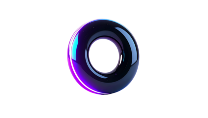 Glossy, donut-shaped, blue-purple torus floating against a stark black background