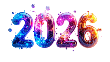 Vibrant 2026 numerals filled with a cosmic network, against black