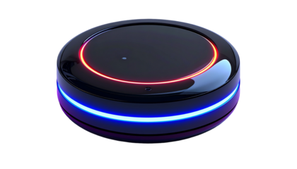 Modern, sleek, circular, black device with red and blue illuminating rings