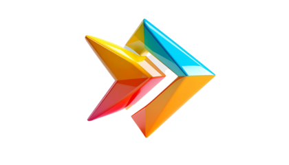 3D-rendered, overlapping, arrow-shaped forms with glossy, colorful facets