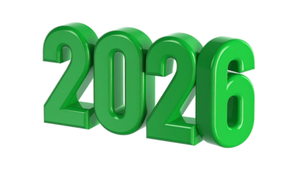 3D rendered, glossy green "2026" numerals against a black backdrop