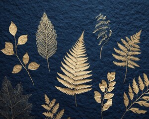 The plants and leaves, embossed in gold foil, are delicately pressed onto a textured dark blue paper background, creating a harmonious blend of retro elegance and modern luxury design.