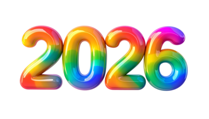 3D-rendered, rainbow-colored numbers forming the year 2026 on black