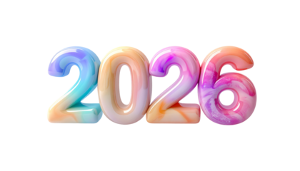 Rendered 3D "2026" text with colorful, swirled, glossy finish