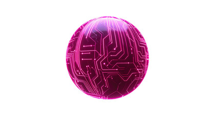Pink circuit board sphere glows against a black backdrop, futuristic design