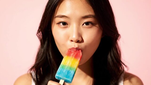 Young Asian woman enjoying a vibrant rainbow popsicle on a pink background