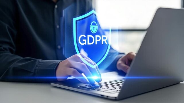 Person working on laptop with GDPR protection concept.