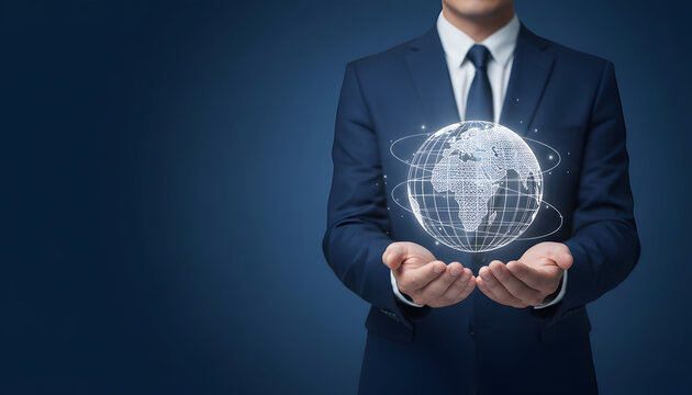 Businessman holding a glowing digital wireframe earth globe. - Powered by Adobe