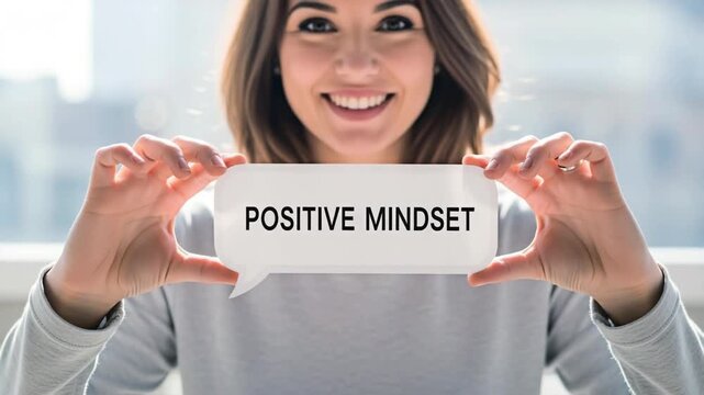 A woman holding a sign with a positive mindset for concept of life coaching.