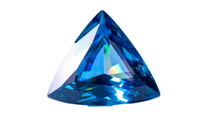 Bright blue triangular gemstone with multifaceted surfaces, black background