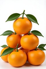 Fresh Stacked Tangerine Oranges with Green Leaves on White Background