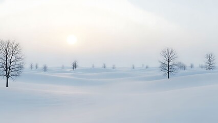 Quiet winter landscape with trees and rolling snow dunes under a pale sun.