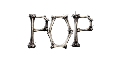 The word "POP" made of stylized, grey-white bones, against a black background