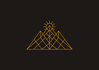 A mountain and sun line logo with minimalist contours, symbolizing strength, stability, adventure, growth, and natural harmony