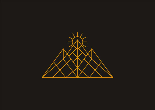 A mountain and sun line logo with minimalist contours, symbolizing strength, stability, adventure, growth, and natural harmony