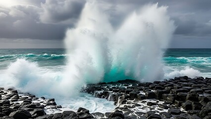 Powerful ocean wave crashes against dark hexagonal rock formations.