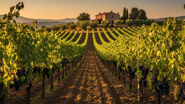 Tuscan vineyard at sunset with a farmhouse.