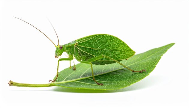 Green katydid insect resting on a leaf against a white background.
