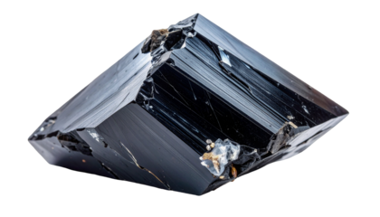 Black, faceted mineral specimen with visible cleavage