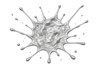 Silver liquid metal splash with fluid droplets on transparent background