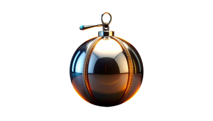 Shiny, metallic sphere with ribbed design and loop, floating on black