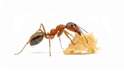 Fototapeta premium Two ants interacting with honeycomb on white background.