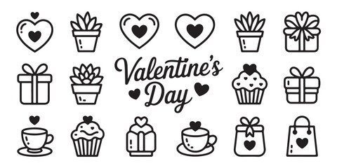 Minimalist outline valentines day icons featuring cute heart tea cup cupcake and gift boxes