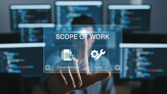 A person interacting with an interface showing scope of work in front of multiple computer monitors for concept of software and technology.