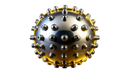 Spherical metallic object with raised studs and illuminated outline