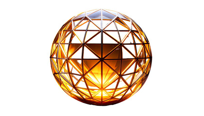 Geometric sphere of interconnected golden triangles, glowing, dark background