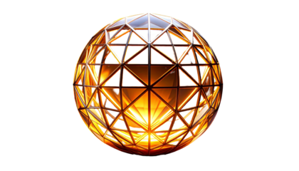 Geometric sphere of interconnected golden triangles, glowing, dark background