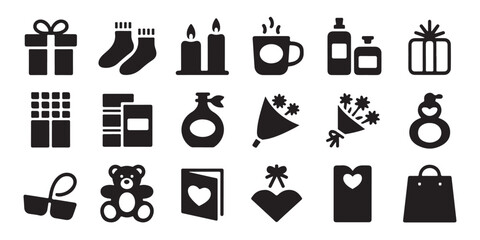 Collection of gift and romance related icons for holidays and celebrations
