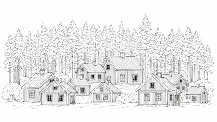 Hand drawn sketch of a village nestled among pine trees.