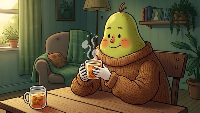 Cartoon pear character drinking tea.