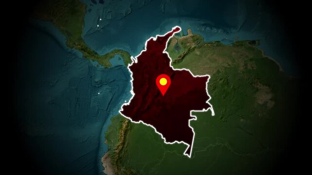Colombia map animation, highlighted Colombia country outline with location pin marker on dark textured background, South America geographic map motion emphasizing national borders and regional focus