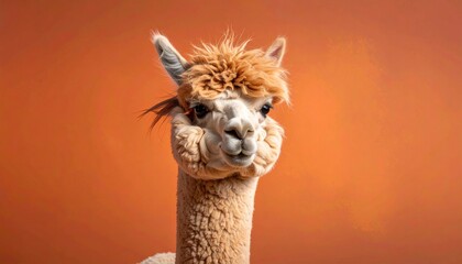 Obraz premium Portrait of a serene alpaca with soft brown fur against a warm orange background.